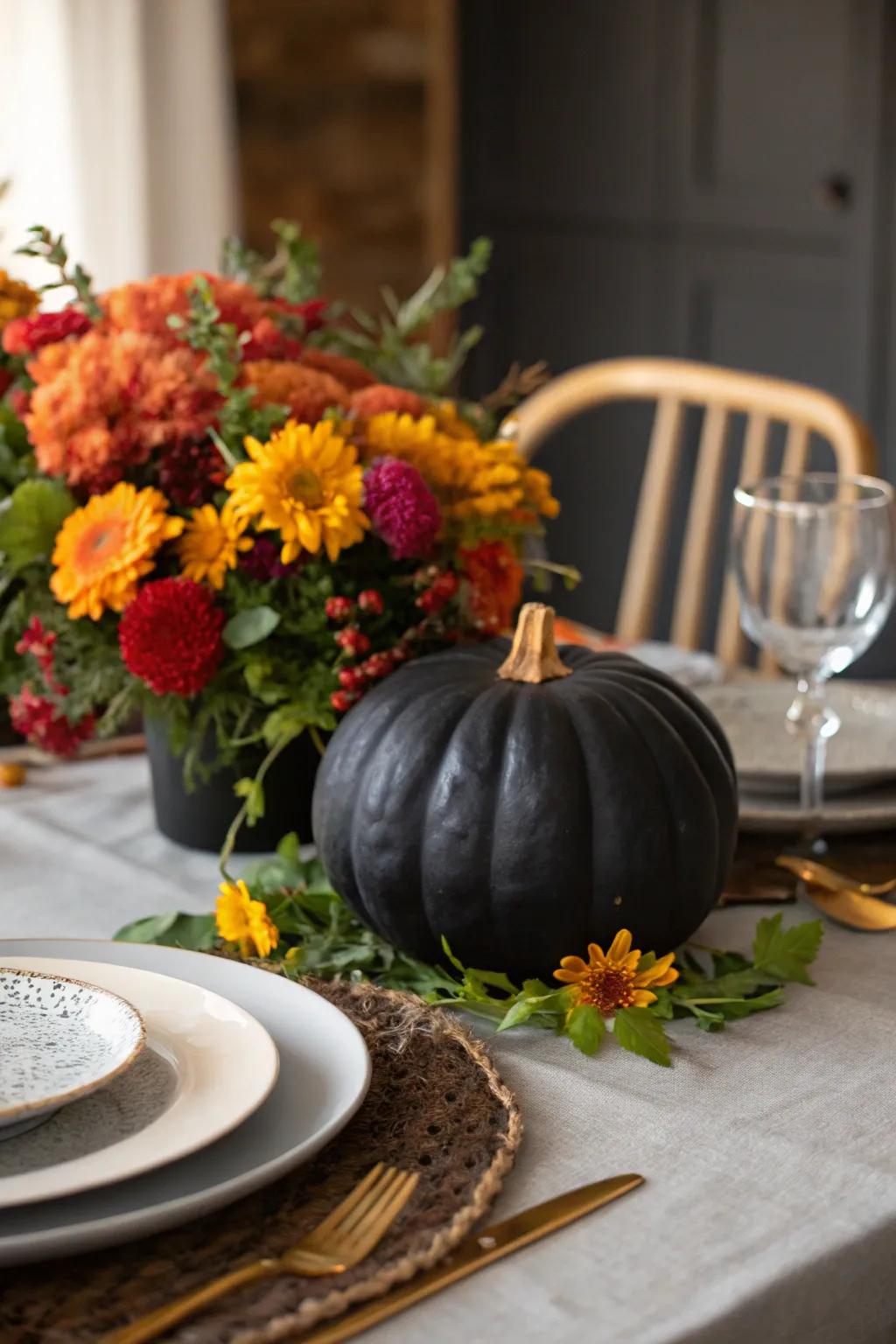 An ebony gourd adorned with vivid blossoms, rendering it a stunning centerpiece.