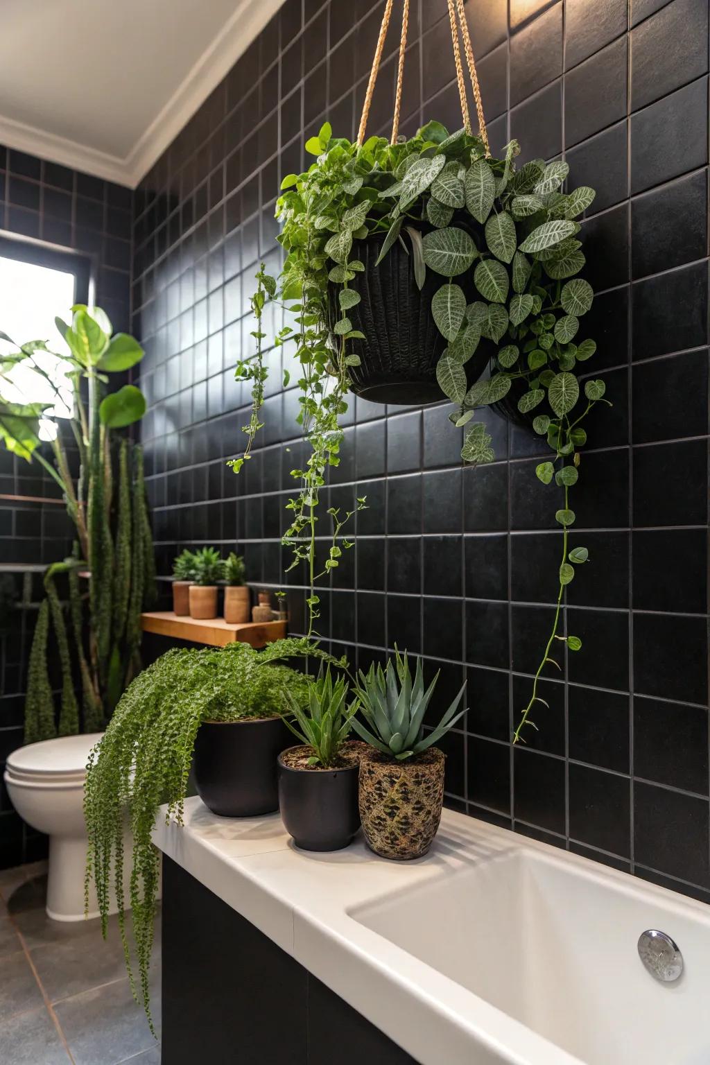 Greenery softens the boldness of dark squares, fashioning a soothing atmosphere.