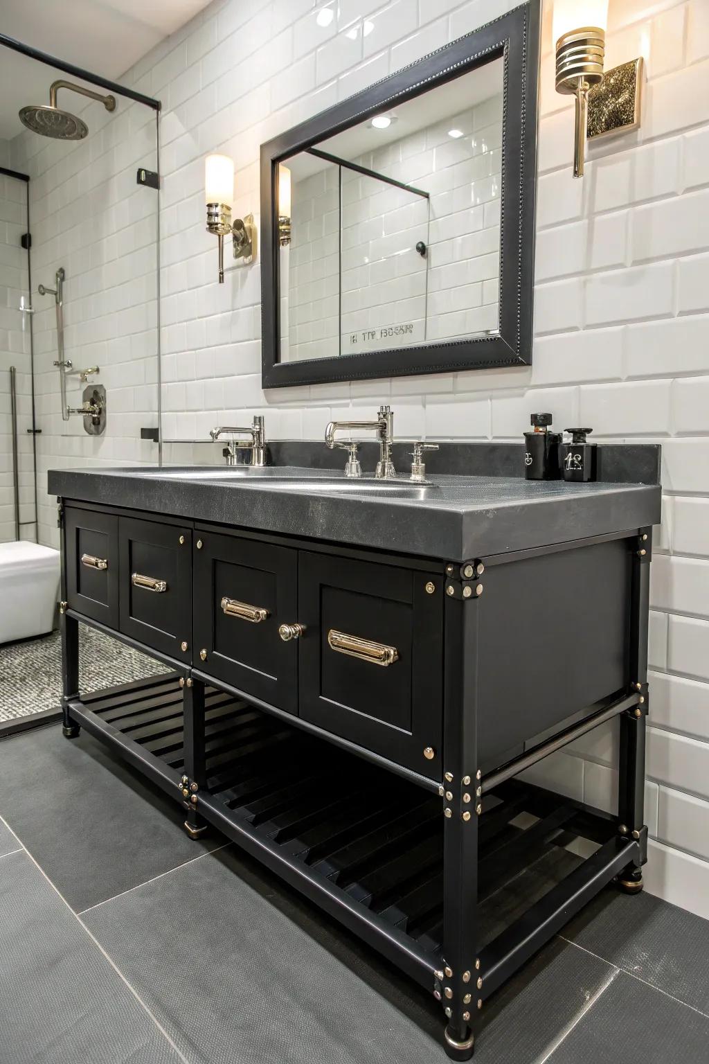 Industrial metallic parts paired with a dark washstand create a chic, urban bathroom vibe.