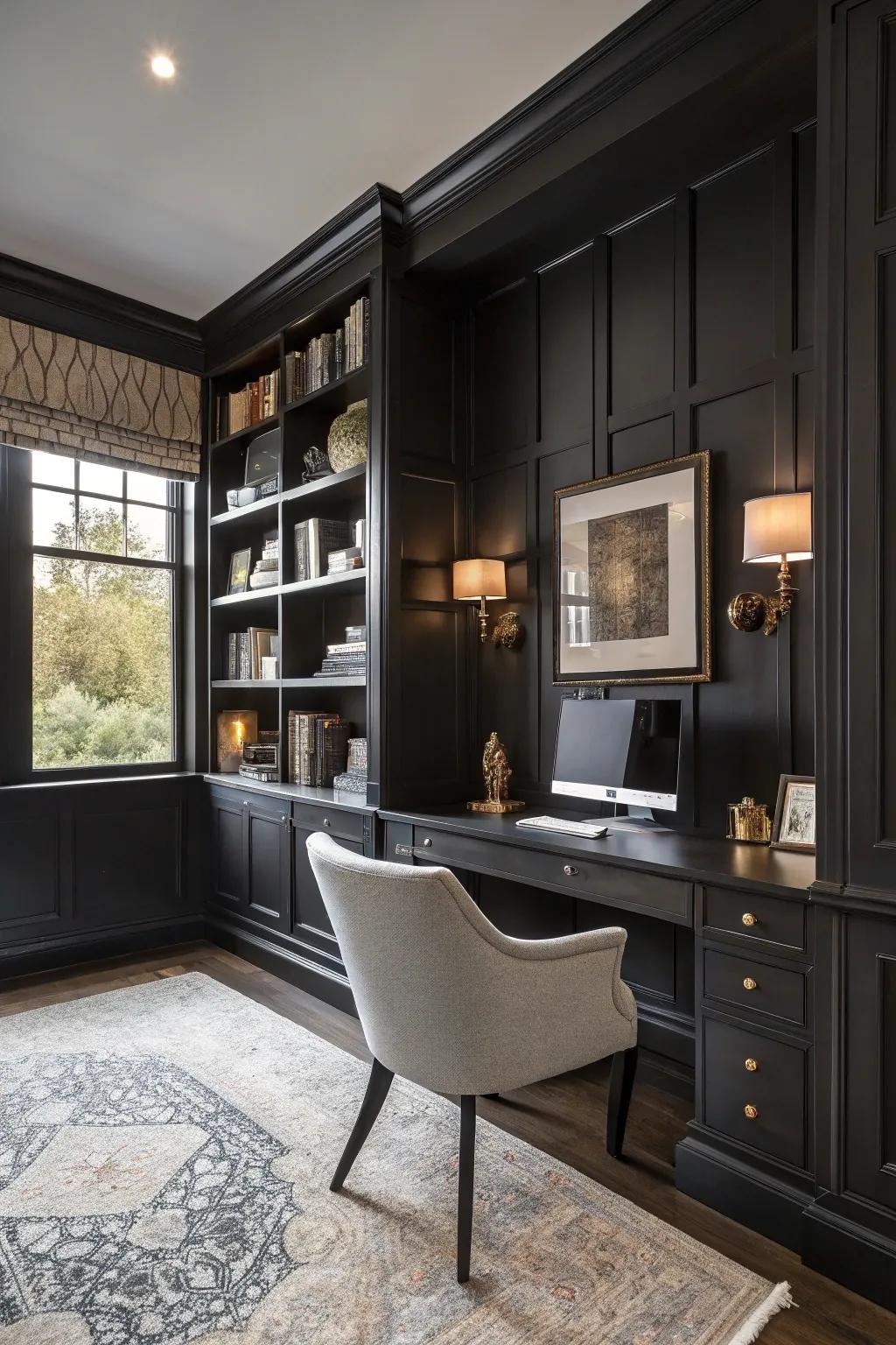 Home office with character-enhancing dark-toned wood panels.