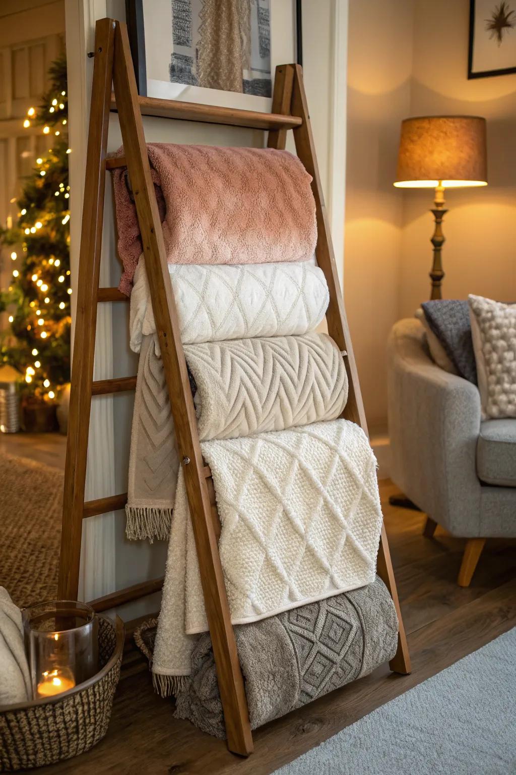 Textures bring depth to display stairs for throws decor.