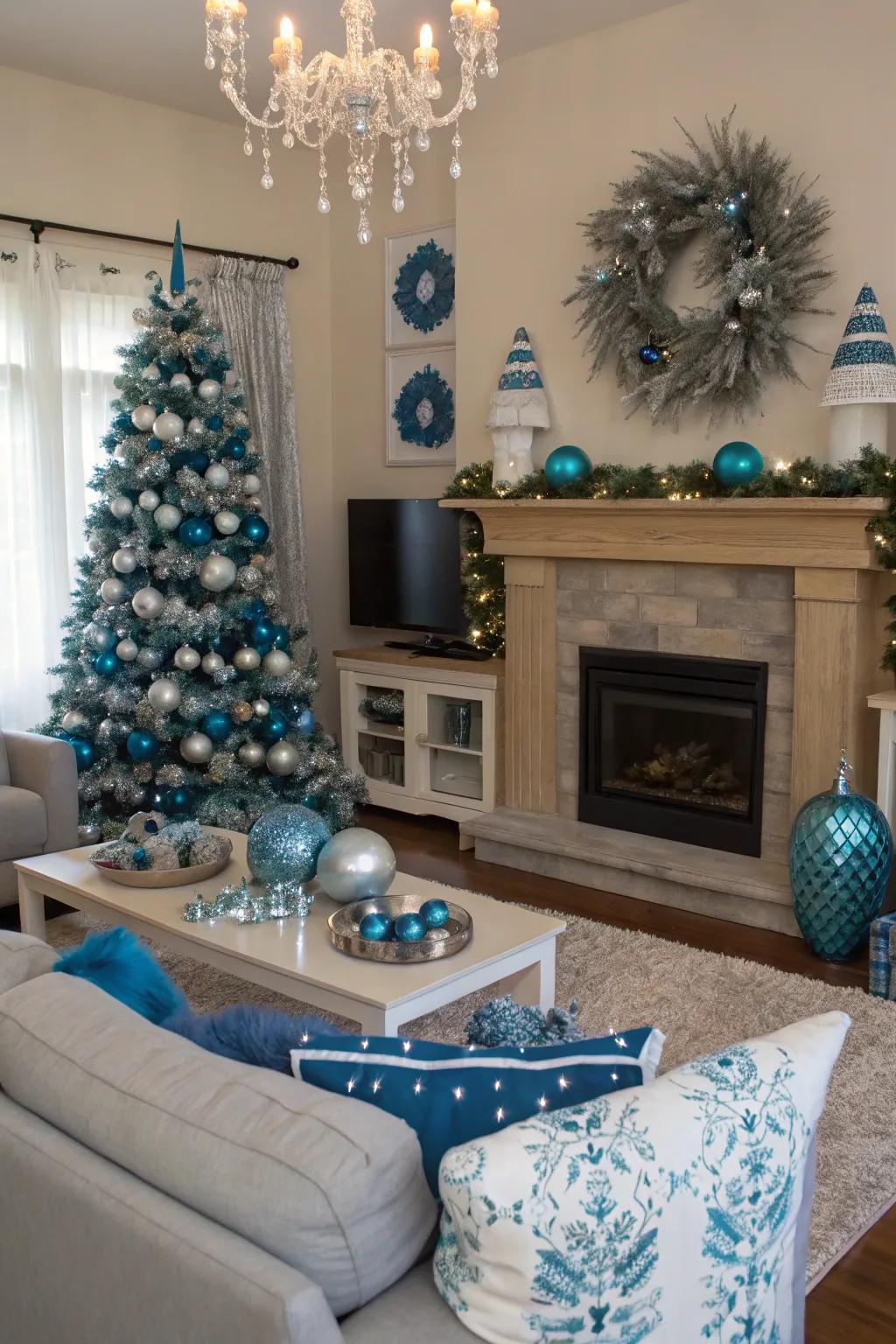 Holiday decor in blue and silver introduces a festive touch to this elegant living room.