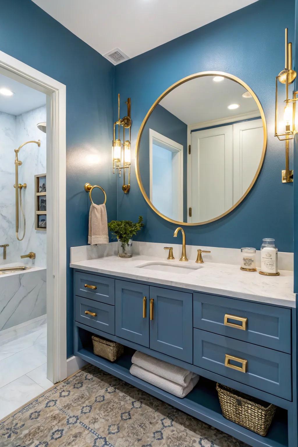 Blue and gold features evoke glamour and sophistication.