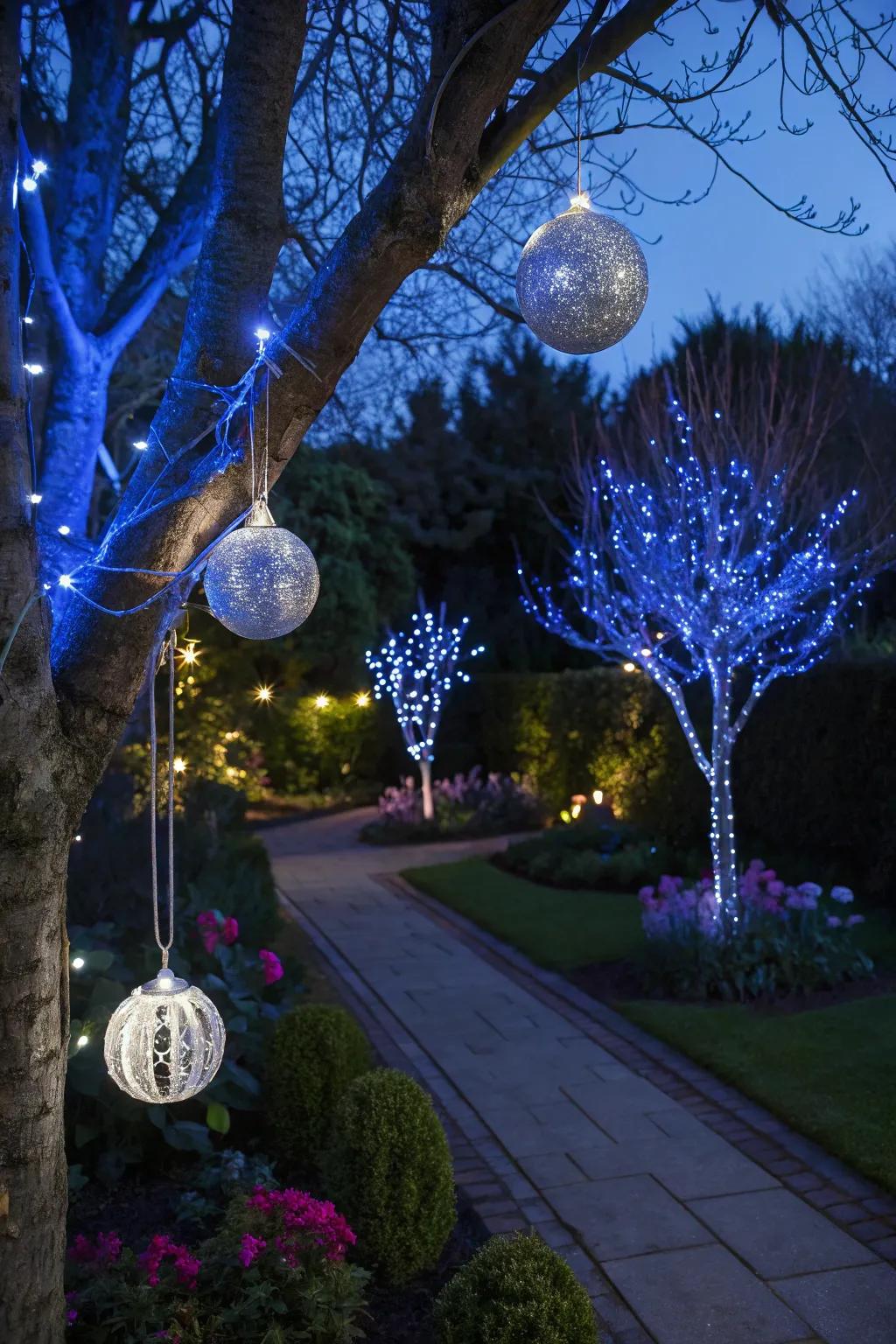 Enchanting azure and argent external Christmas ornamentation