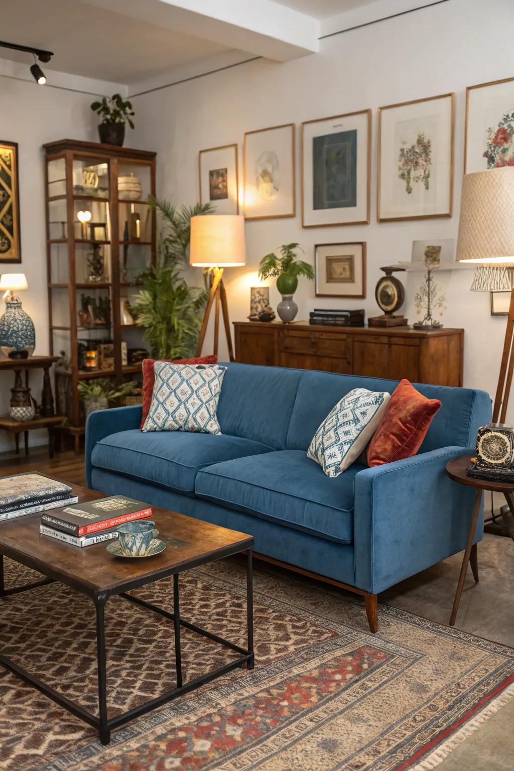 A fusion of modern and heritage designs surrounding a cerulean settee.