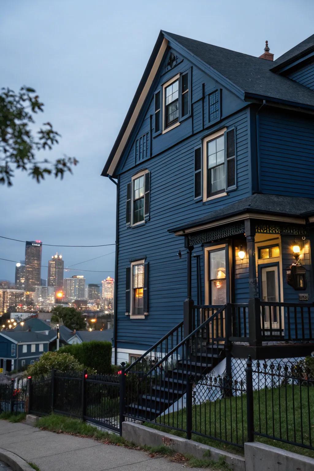 Shadowy features fashion a striking contrast on blue frontages.