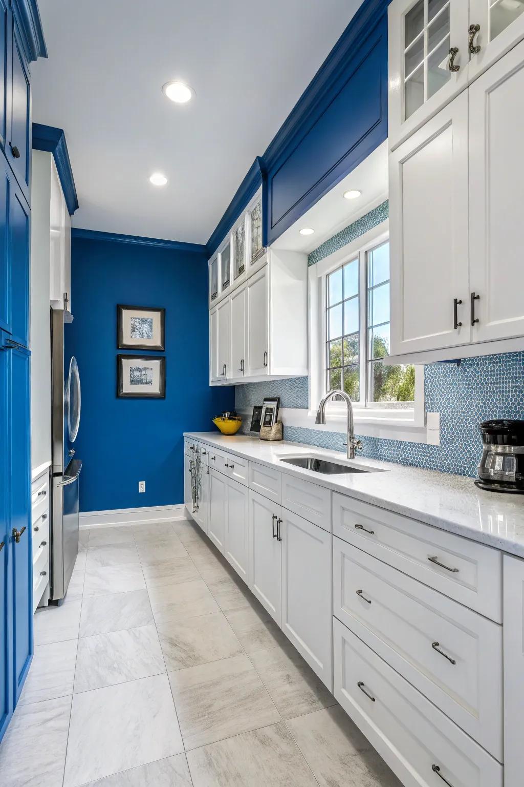 Audacious azure walls fashion a dramatic kitchen backdrop.