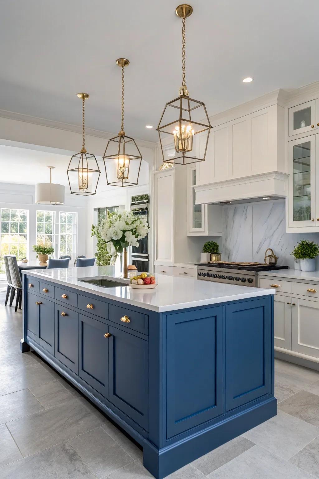 Hanging lights beautifully highlight the cerulean cooking hub's allure.