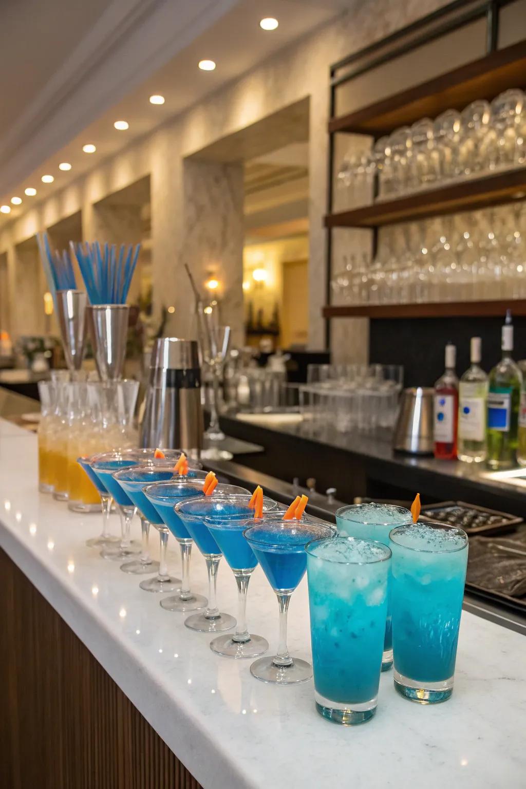 Selection of blue cocktails ready to revitalize party attendants.