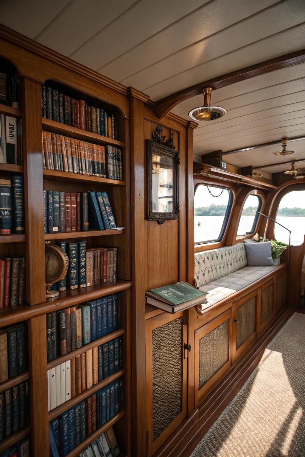 Built-in bookcases in a boat's saloon brimming with maritime books.