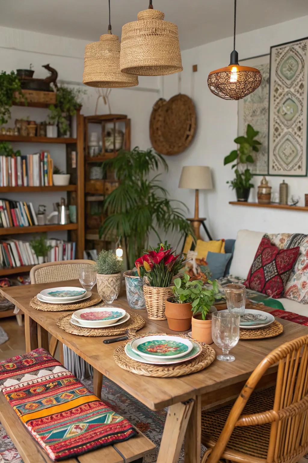 A cozy setting encouraging restfulness within a boho dining space.
