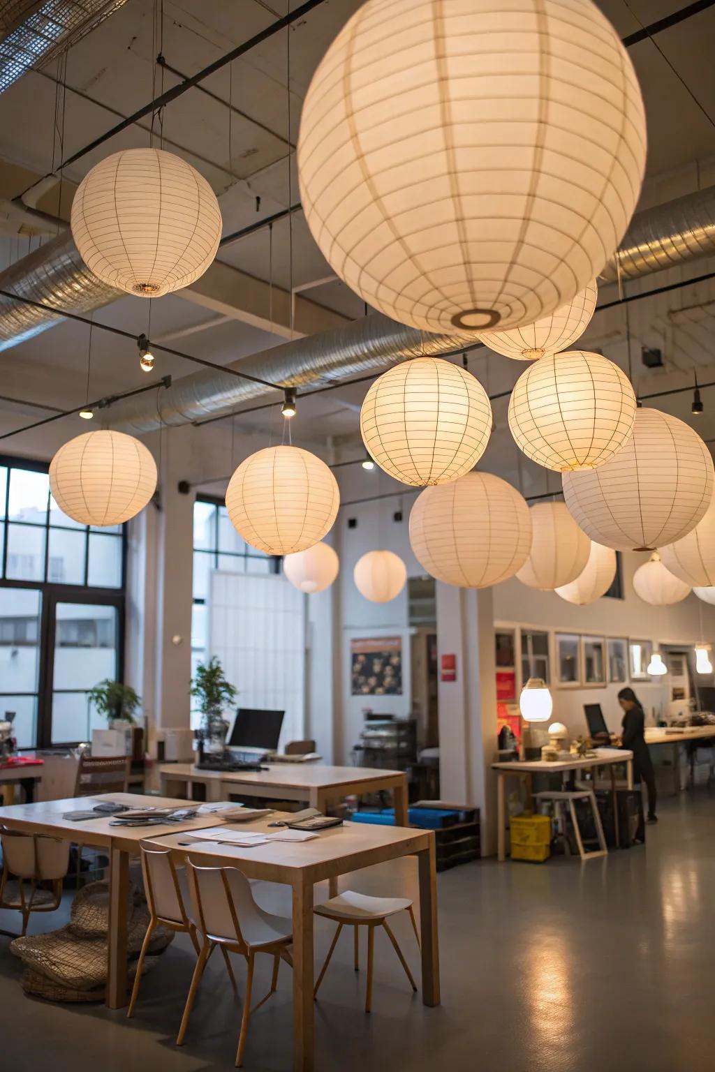 Rice paper lanterns impart a fun, playful feel to this creative space.
