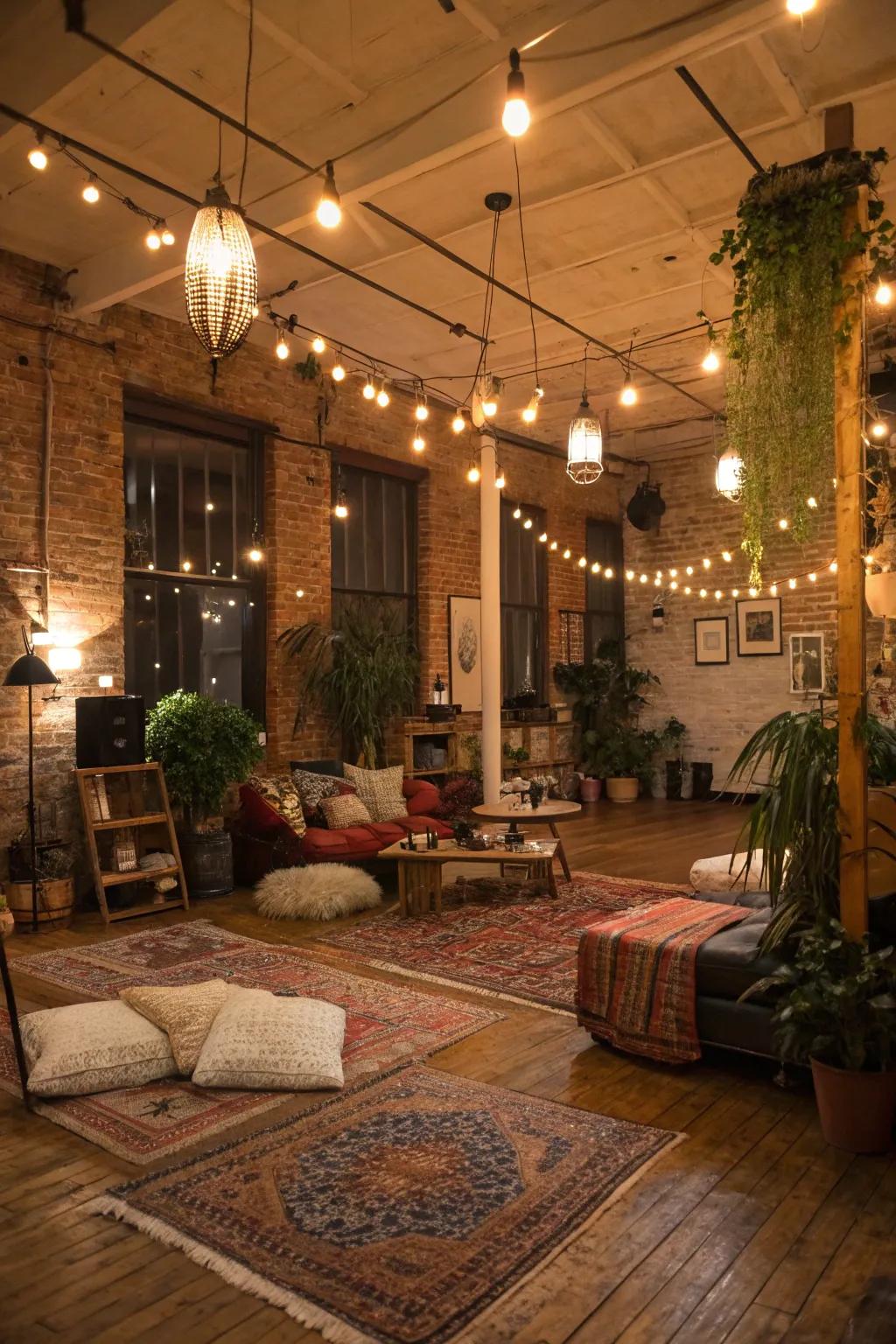 Warm lighting enhances the cozy ambiance of your boho loft.