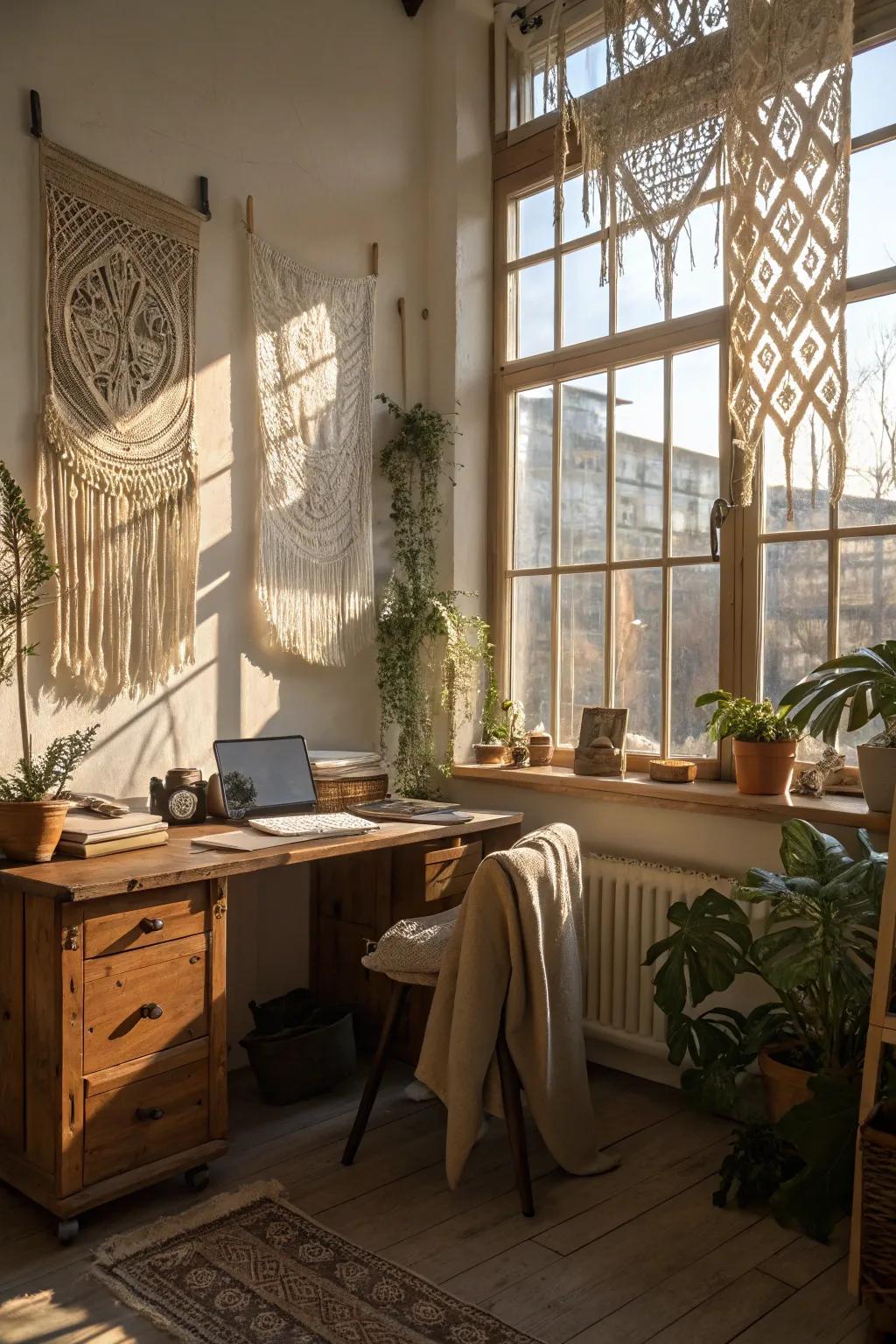 Macramé hangings add texture and a bohemian touch to the office.
