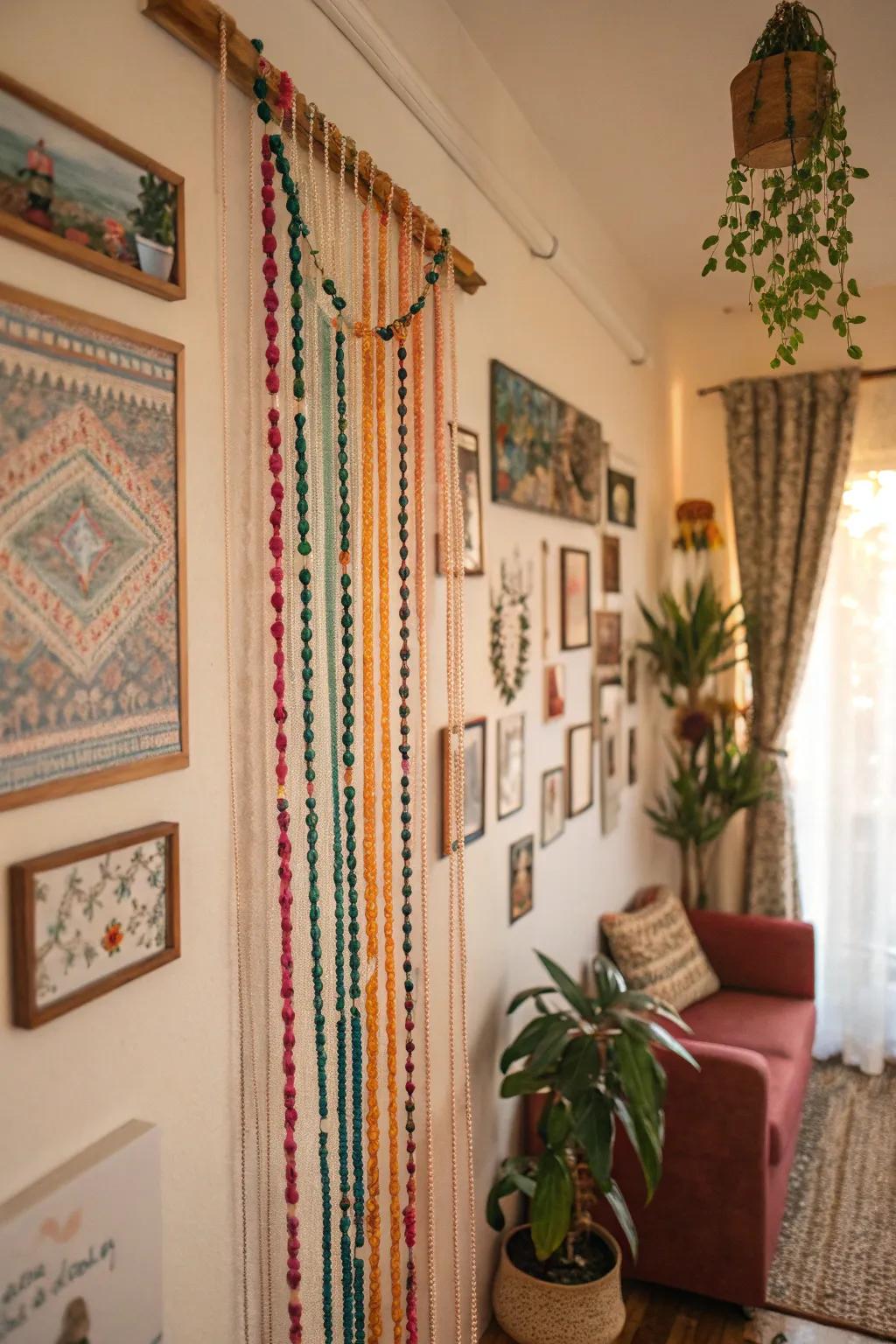 Strung beads impart a playful and artistic nuance to this bohemian wall.