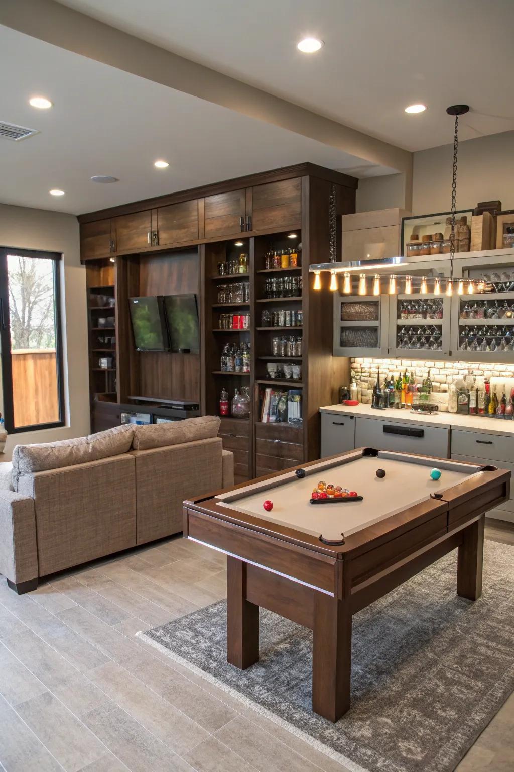 Amplify space with adaptable furnishings in your game room.