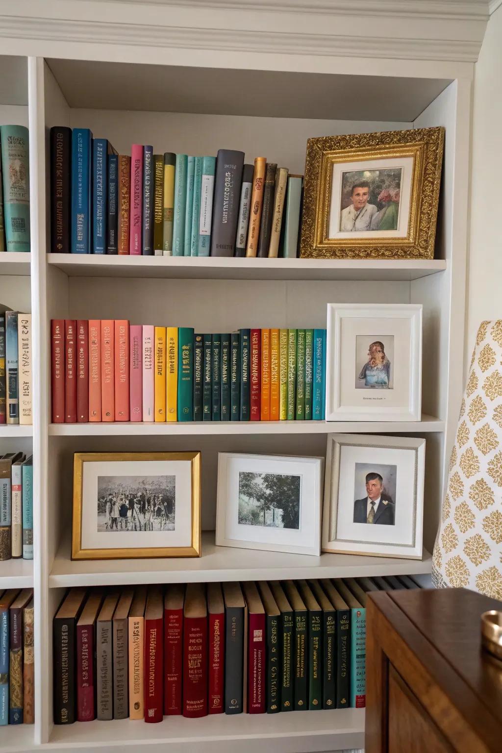 Artistic creations and photographic prints lend an individualized touch to a bookshelf exhibition.