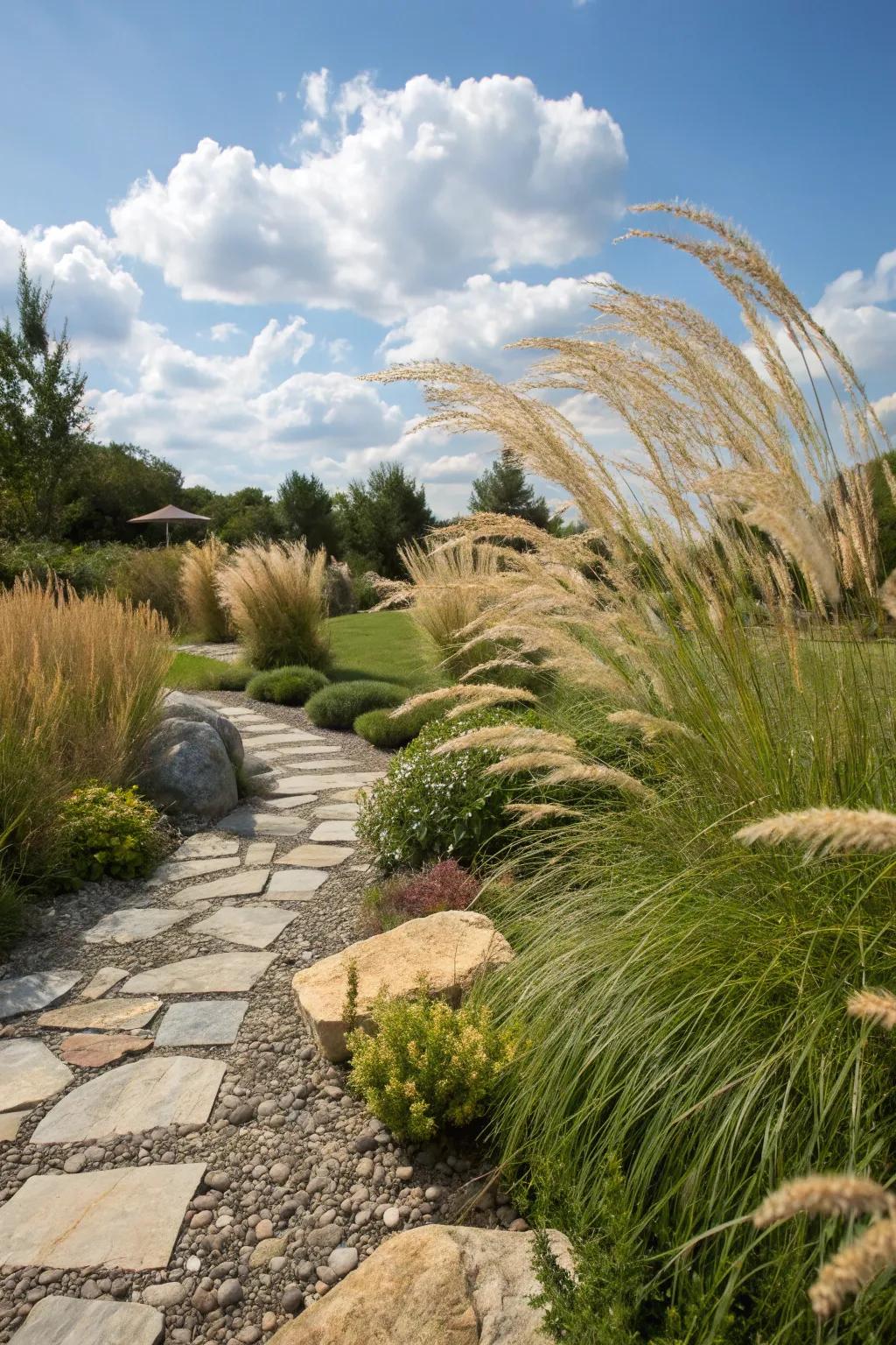 Stone features provide a natural contrast to decorative grasses.