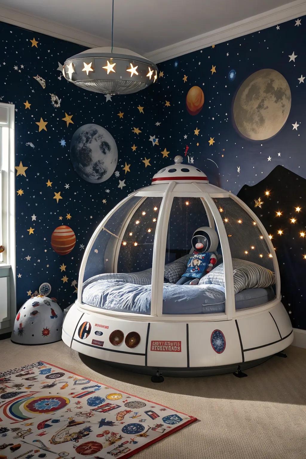 Launch into sleep in an astronaut's capsule canopy bed.