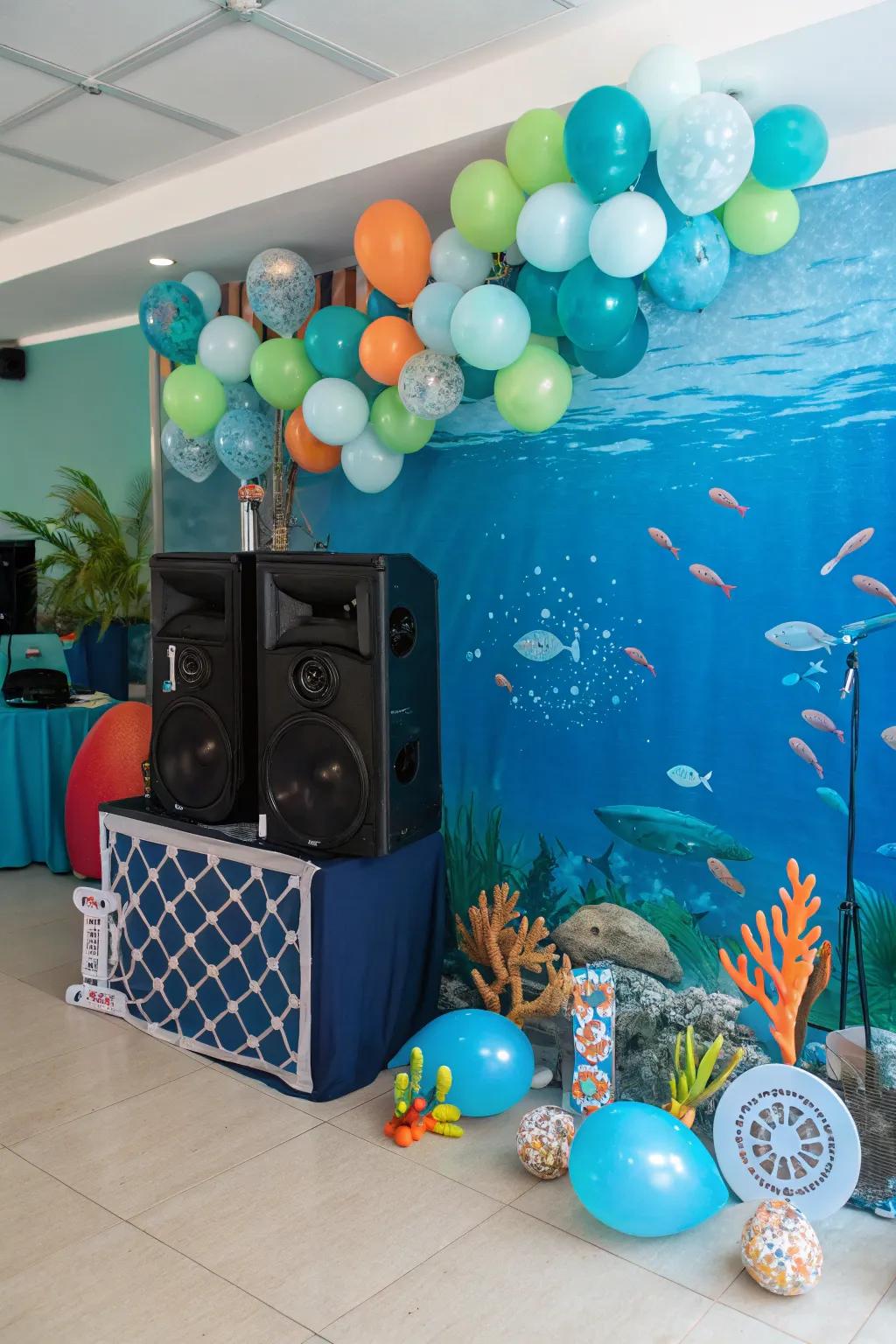 Ocean acoustic waves that convey attendees to a shoreline escape.