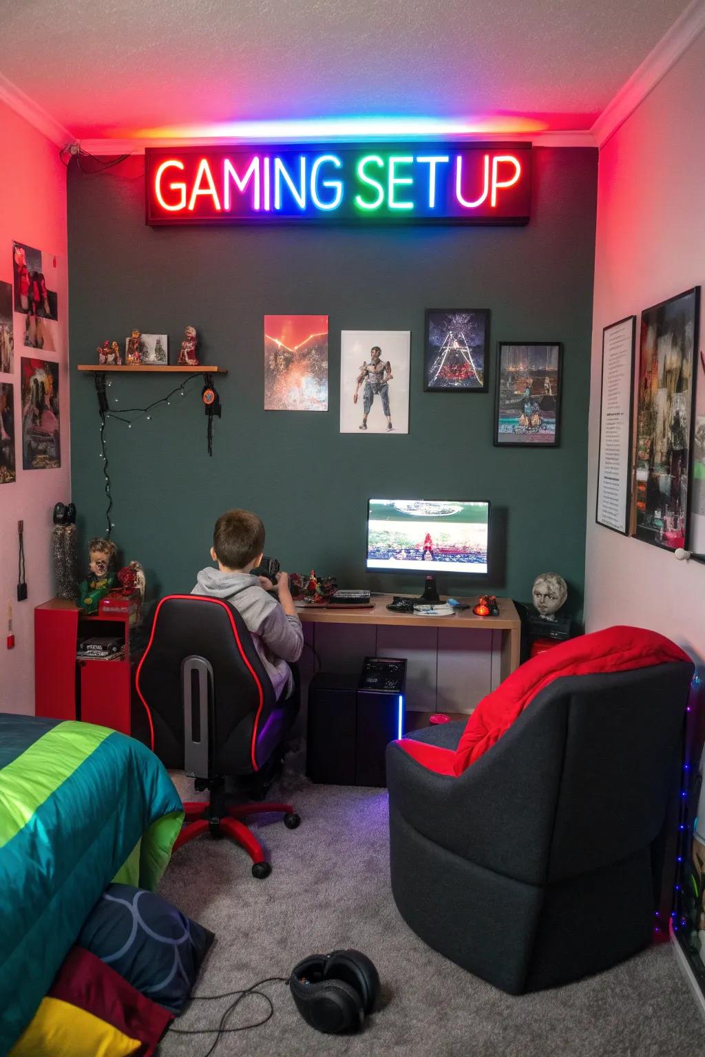 A neon sign gives a vibrant lift to the gaming area.