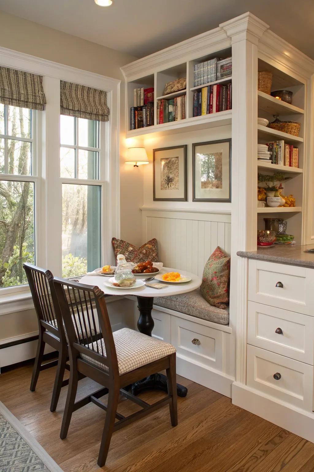 Hidden storage in seating keeps your nook organized and tidy.