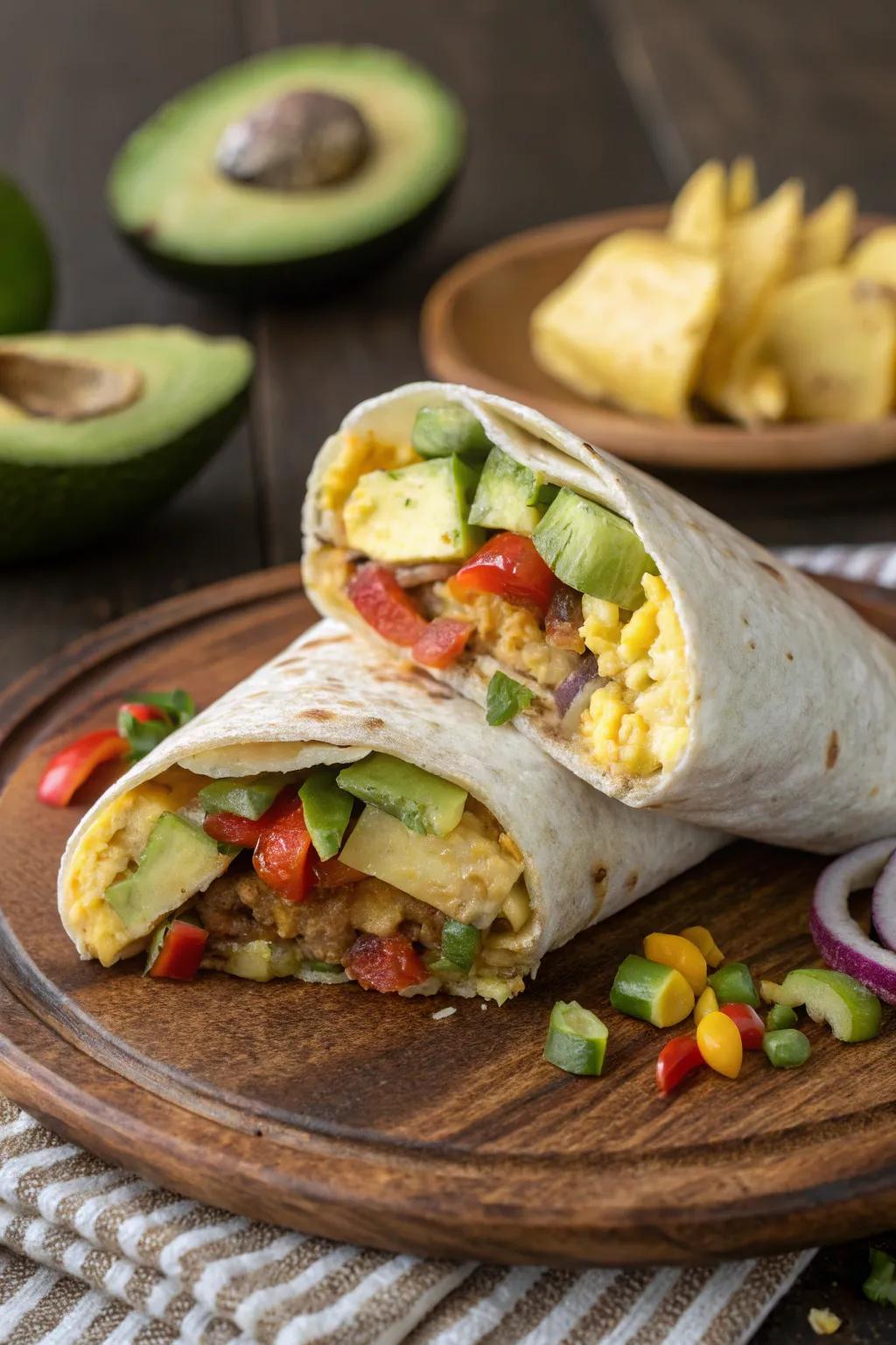 A hearty breakfast burrito generously filled with fresh vegetables.