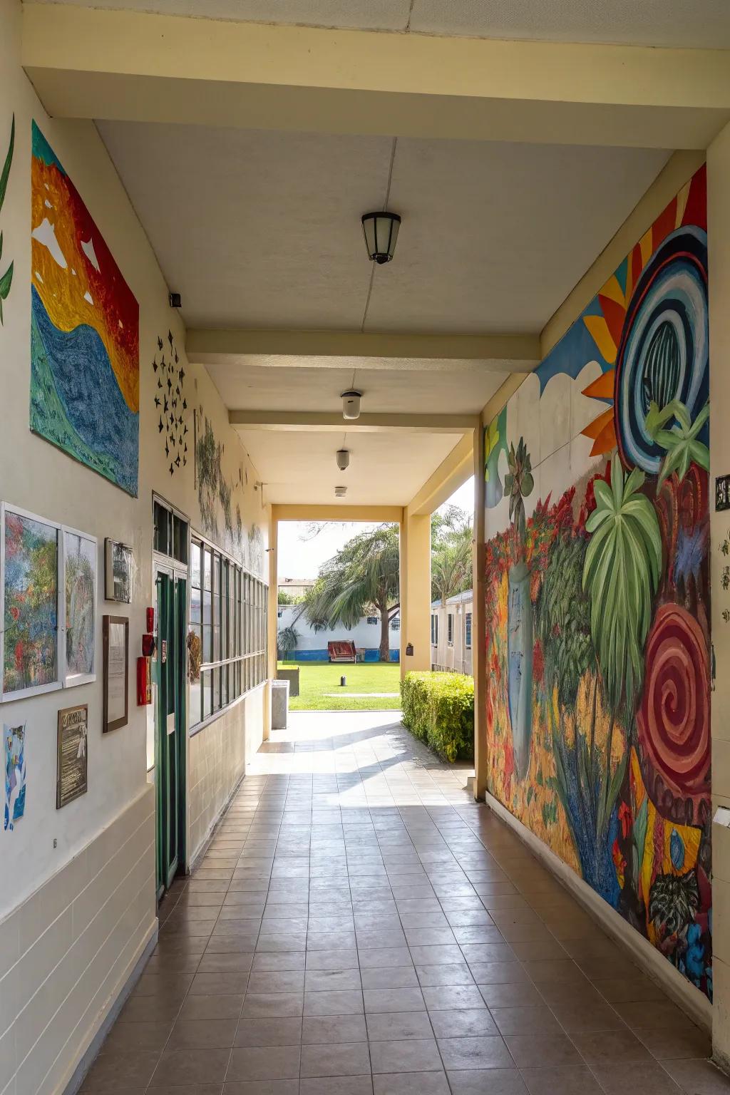 A vibrant art display that lends personality to the breezeway.