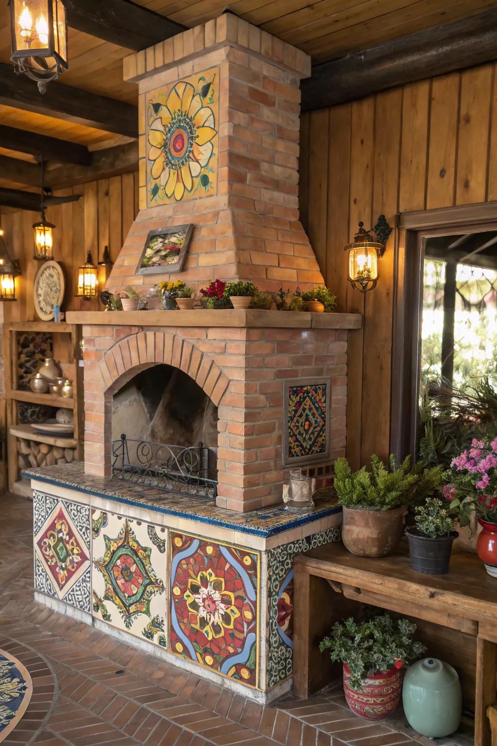 A brick hearth embellished with colorful tiny art tiles for a creative impression.