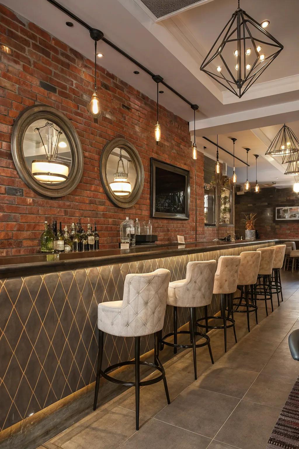Reflective accents enhance the spacious feel of a brick wall bar.