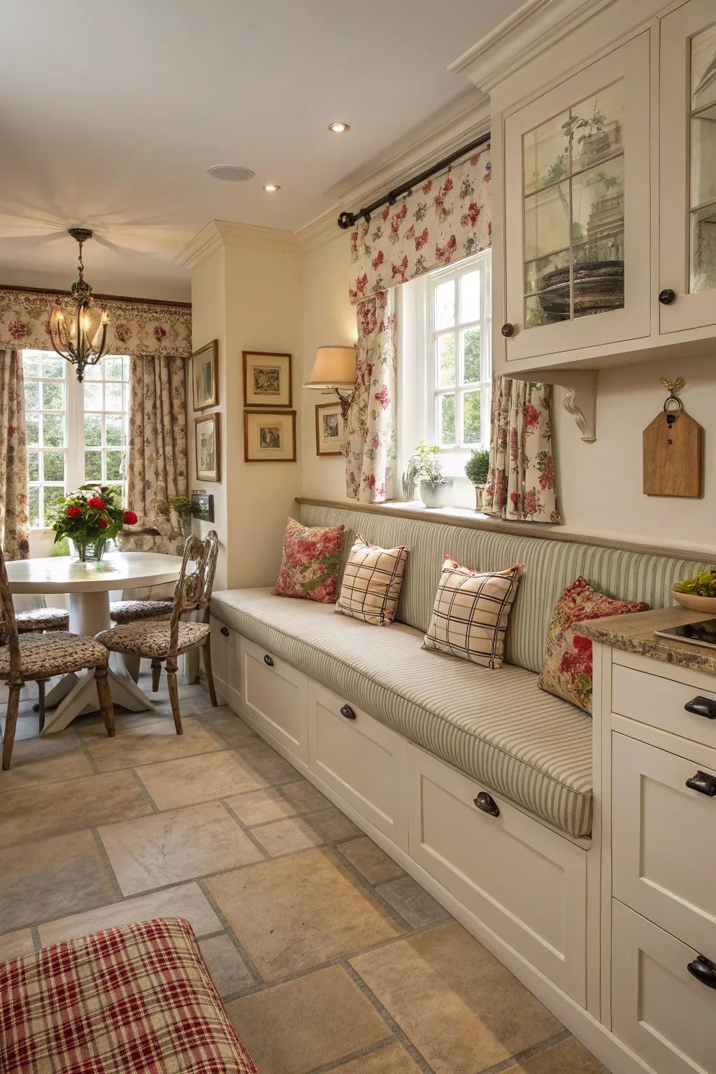 Retro atmosphere in a kitchen with charming banquette seating.