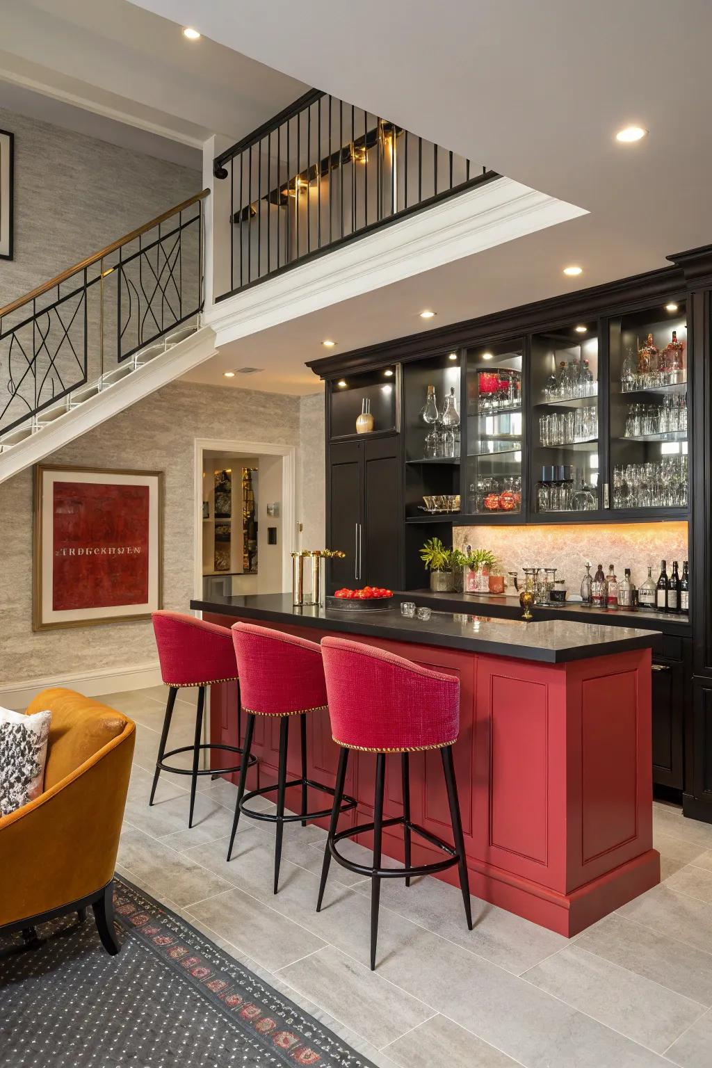 A brave color option transforms this bar into the centerpiece of the space.