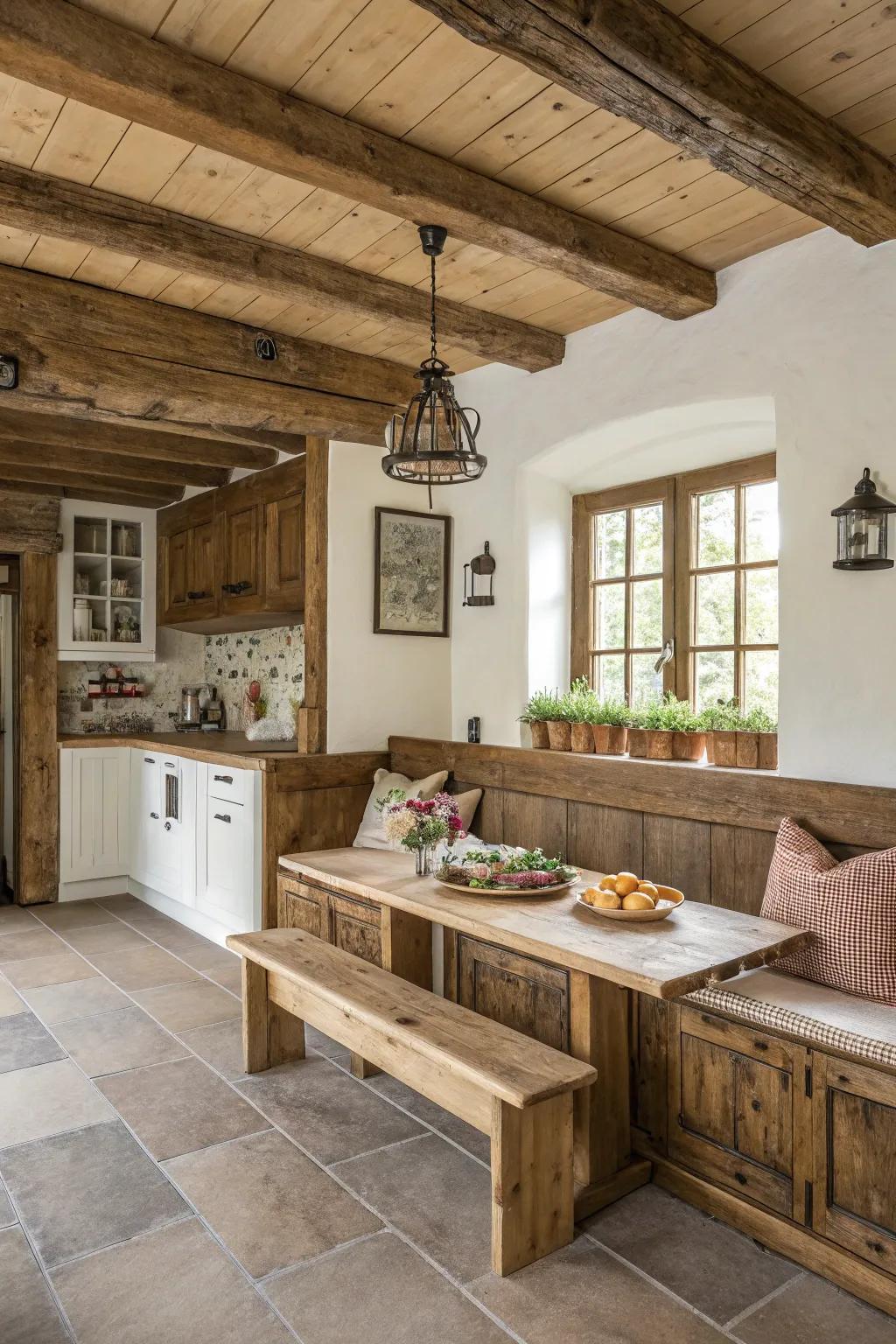 Imbue rustic warmth through wooden bench seating.