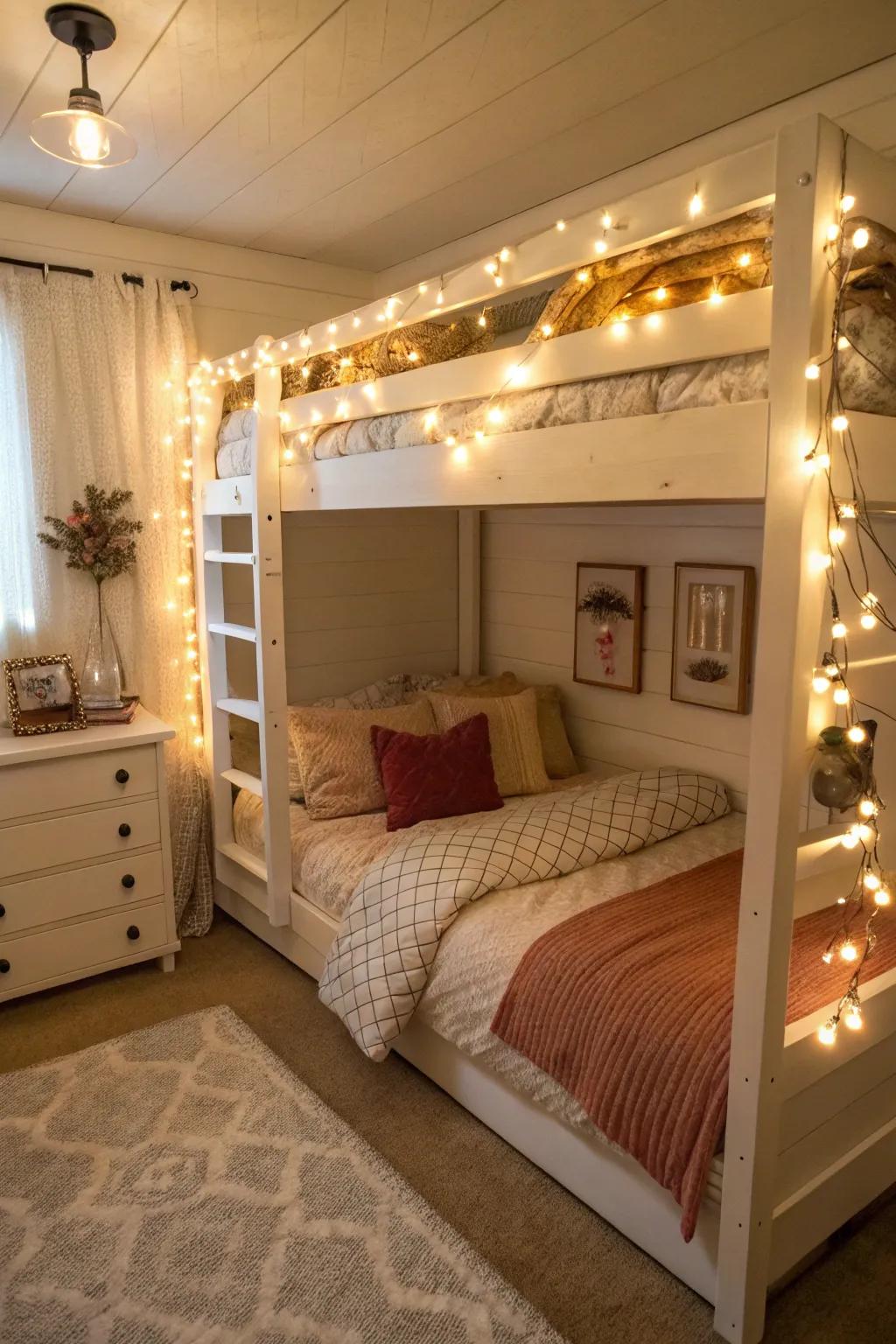 A cozy and welcoming bunk bed retreat.