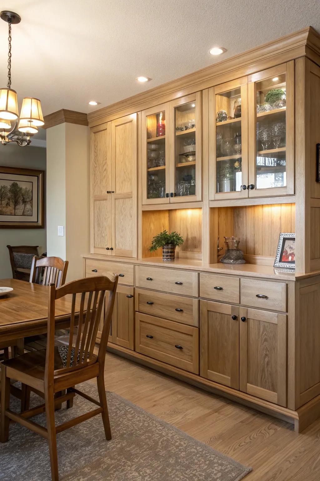 Functional built-in cabinets offering practical features like sliding drawers.