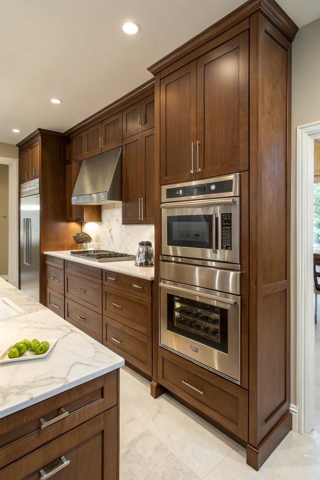 Elegant kitchen design with microwave concealed behind double cabinet doors.