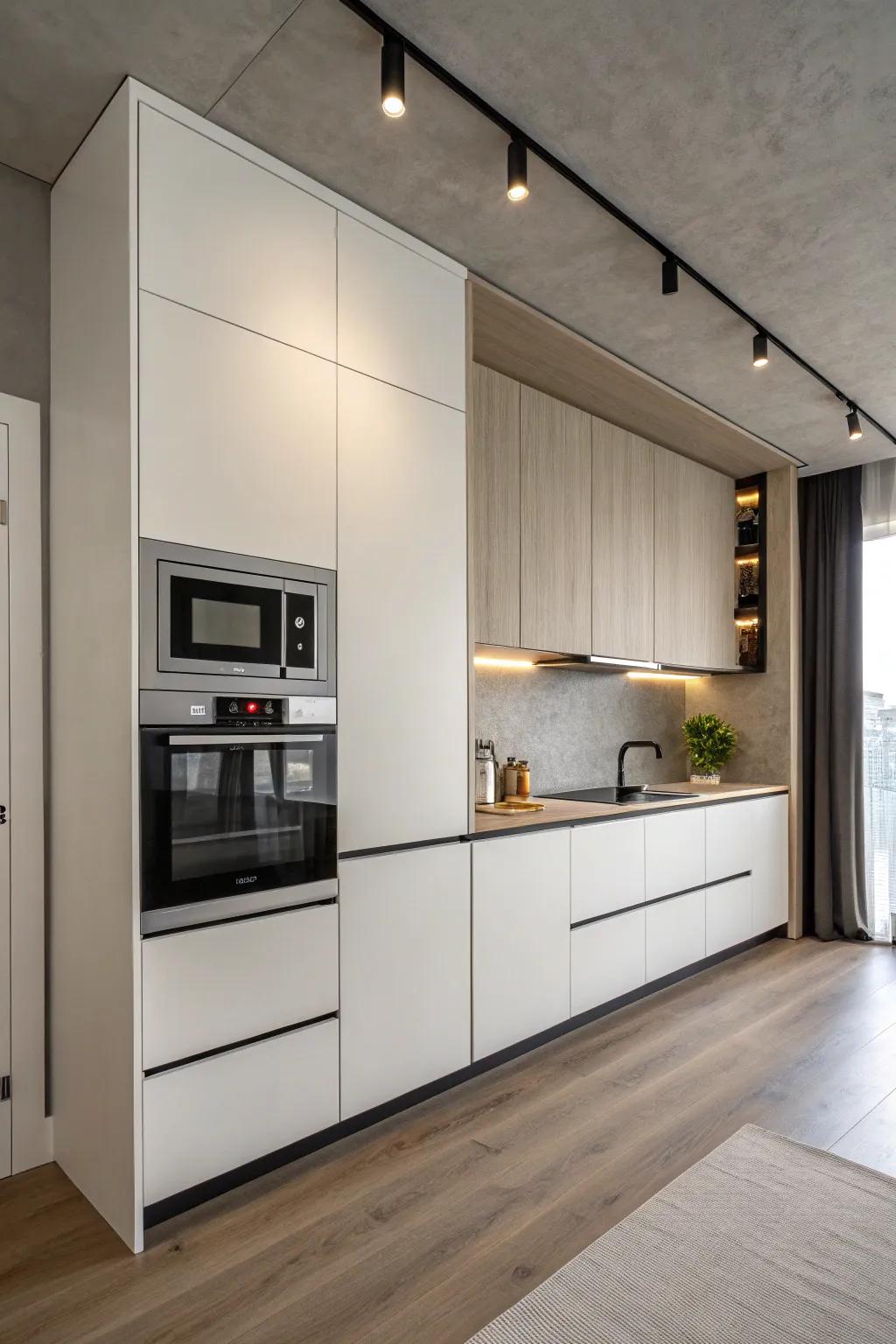 A minimalist kitchen with an effortlessly integrated microwave.