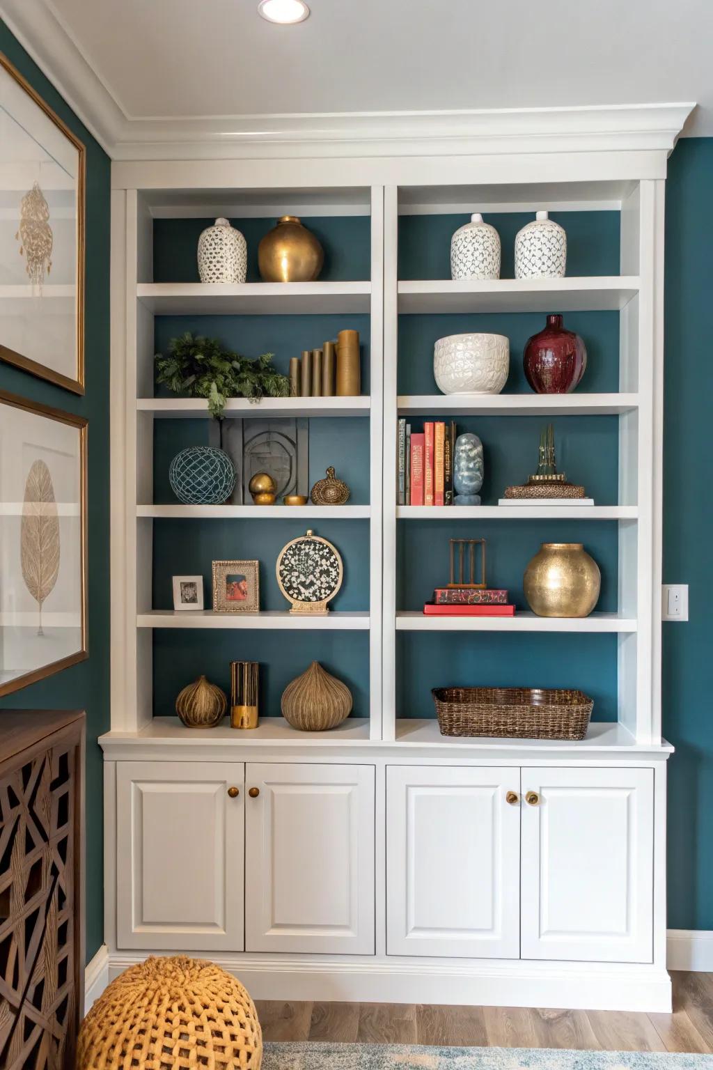 A contrast background will make items upon built-in shelves be noticeable.