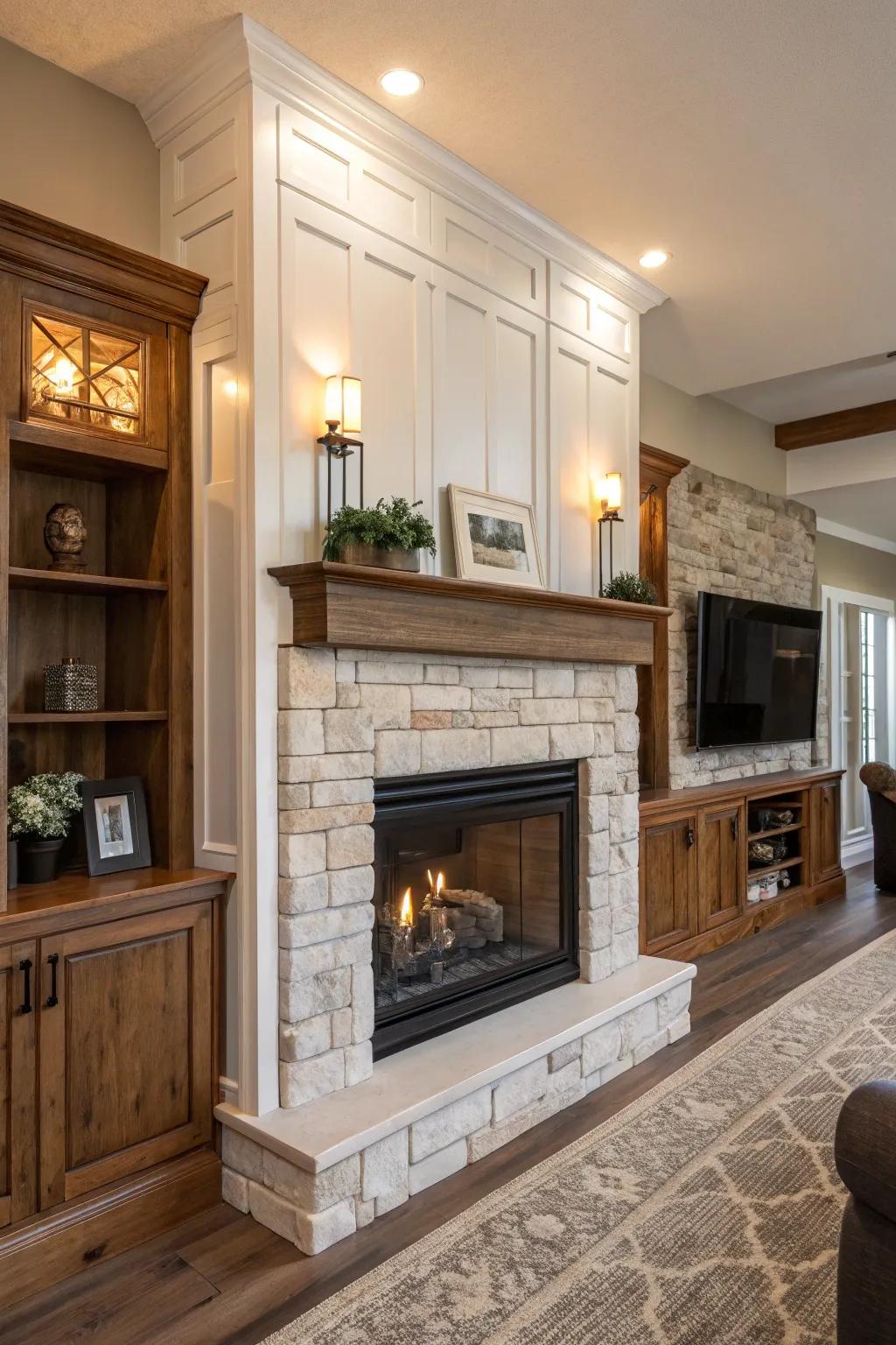 A blend of styles makes the fireplace a standout feature.