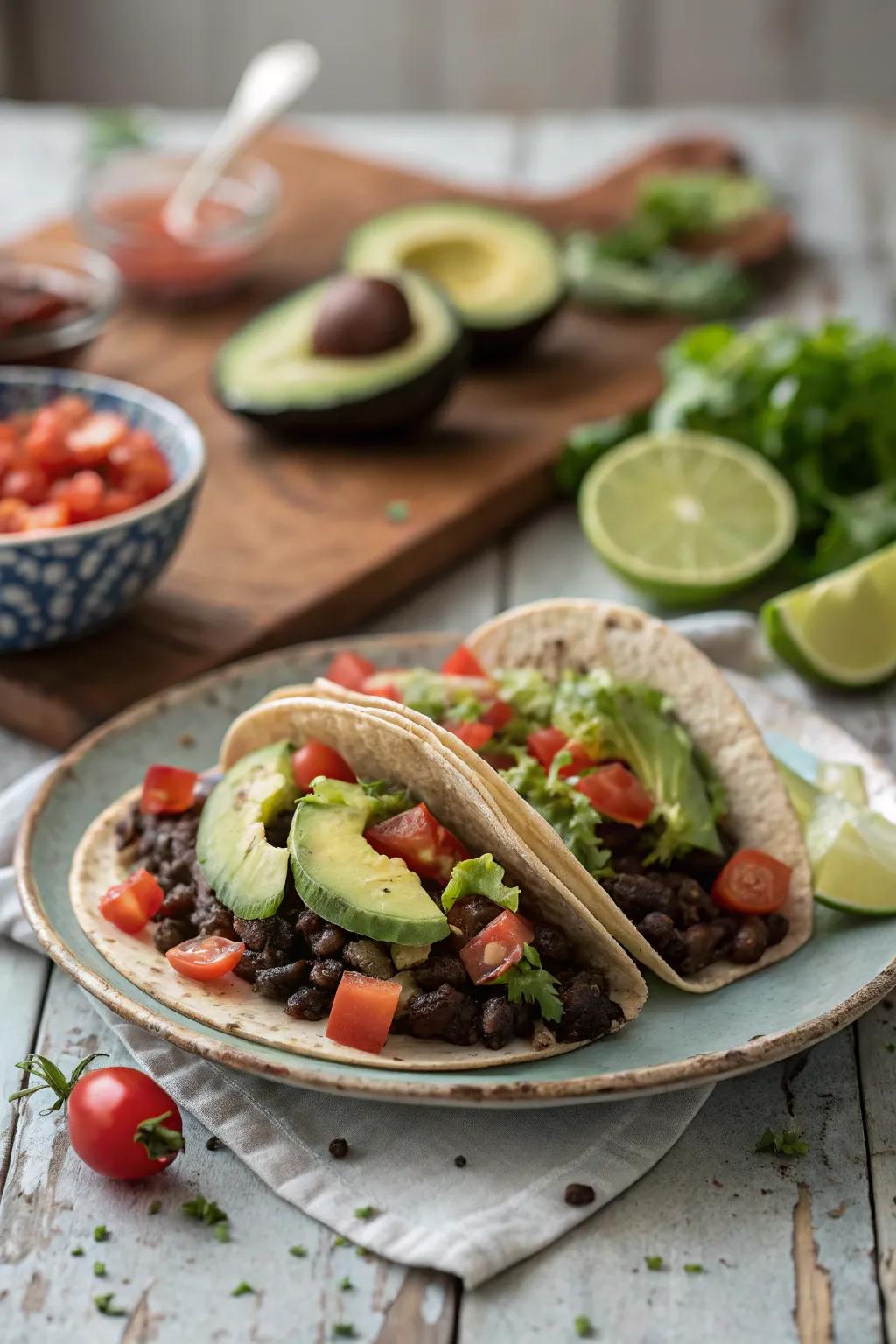 Zesty black bean tacos, bursting with flavor and easy to assemble.