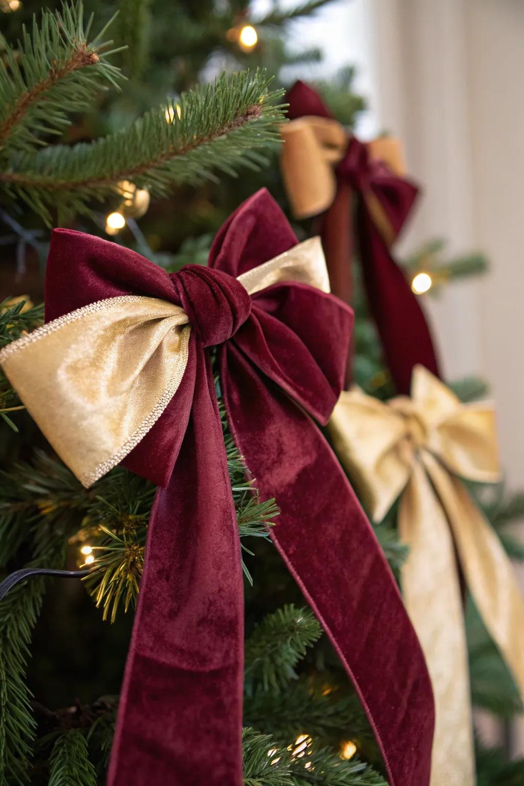 Velvet embellishments append a sumptuous nuance to the tree.