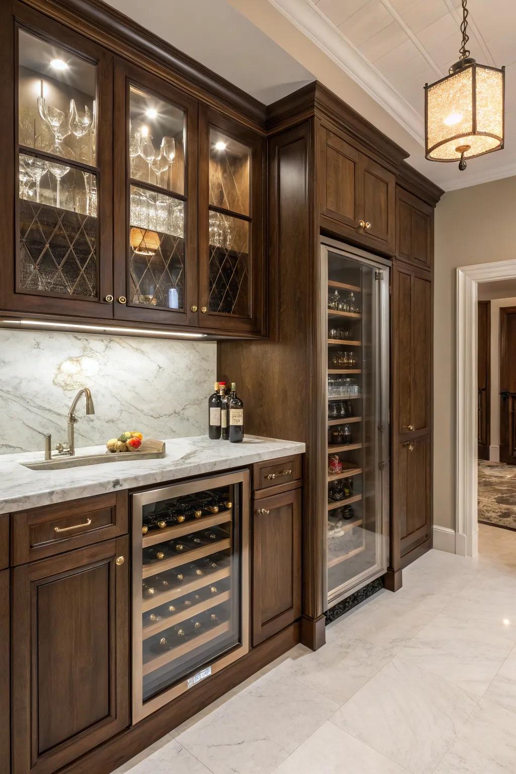 A lavish butler's pantry showcasing an integrated wine chilling unit for entertaining.