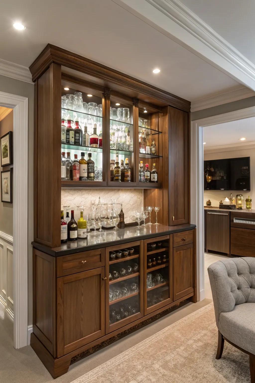 A concealed bar injects an element of surprise and practicality.
