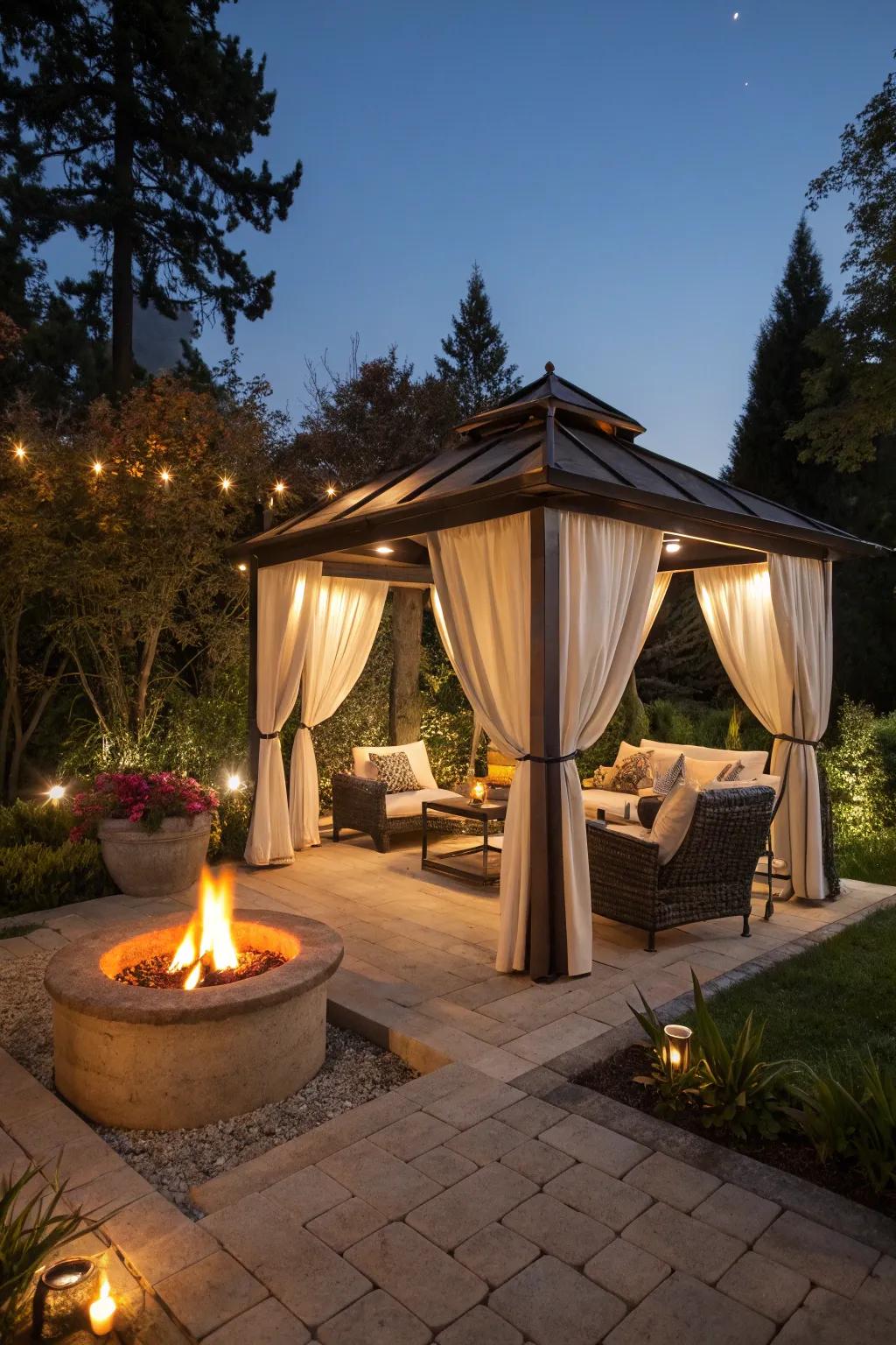 A snug cabana showcasing a warm hearth lounge.