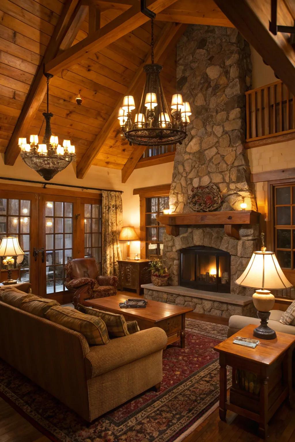 Warm lighting contributes depth and coziness to the interior of the cabin.