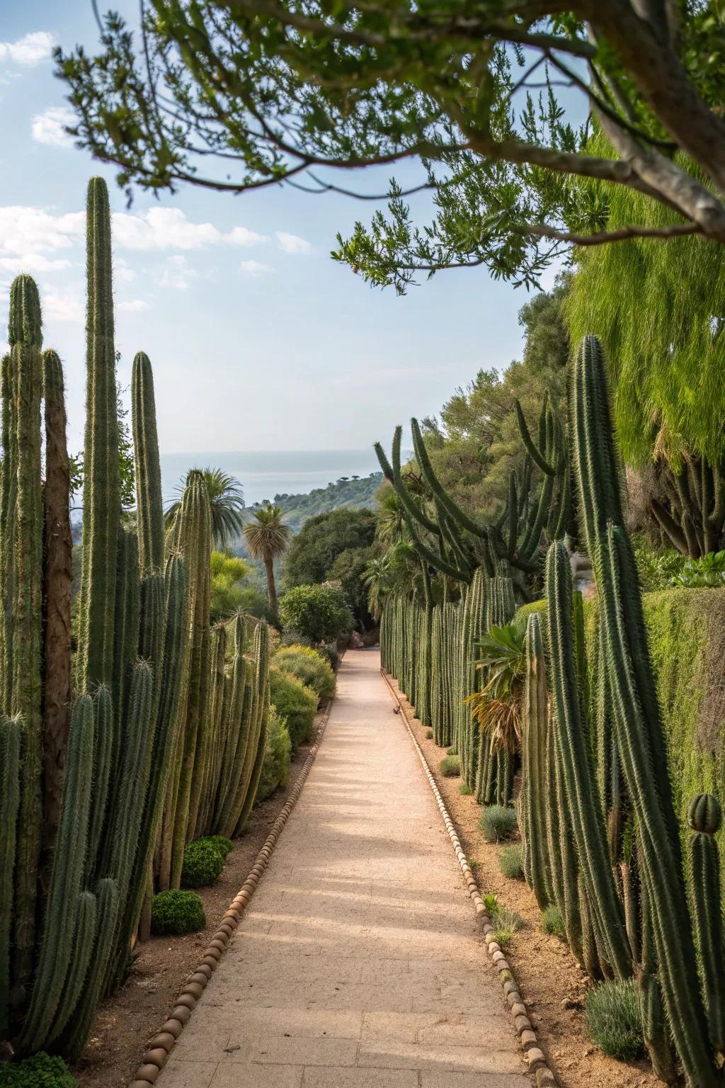 Cacti establishing a natural border along a garden path.