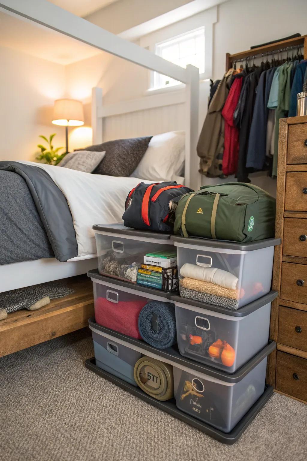 Stackable bins offer a compact storage solution for camping gear.