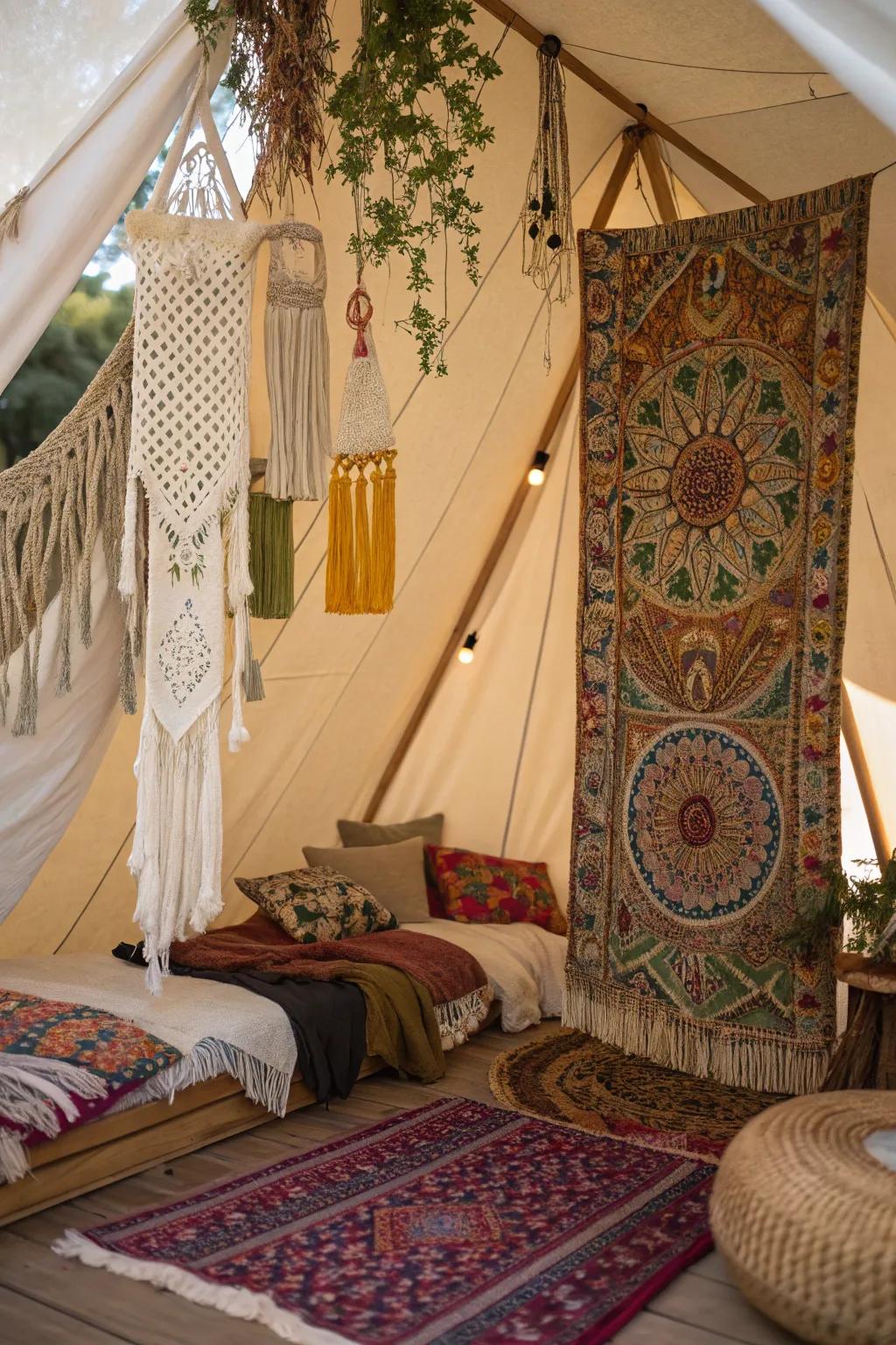 Append boho accents for a vibrant and eclectic tent interior.
