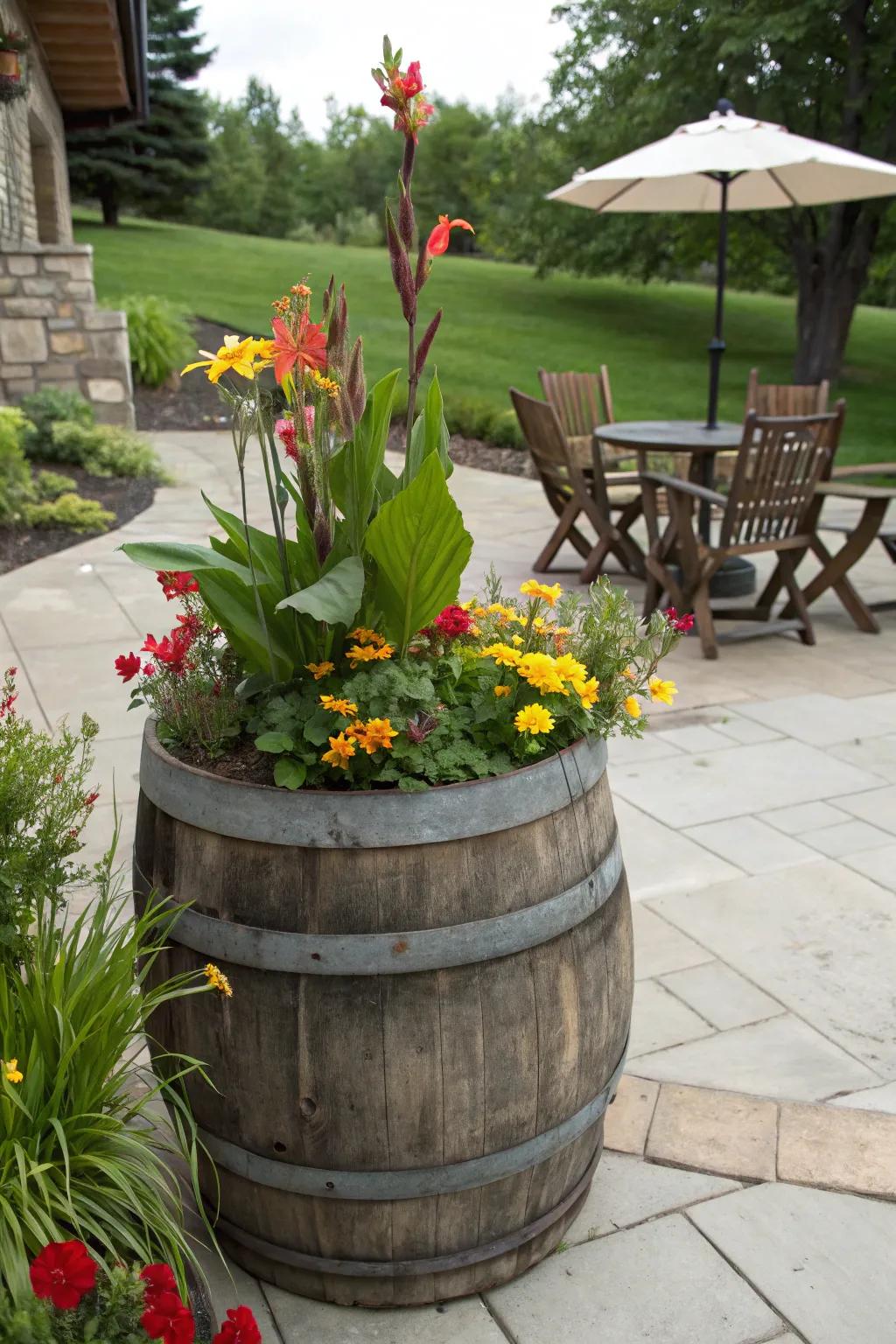 Rustic charm with majestic blooms and wildflowers in a wooden barrel.