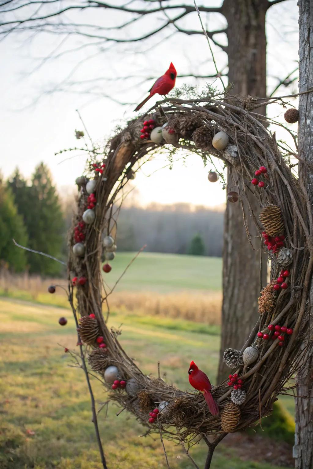 A nature-inspired wreath featuring cardinals and earthy constituents.
